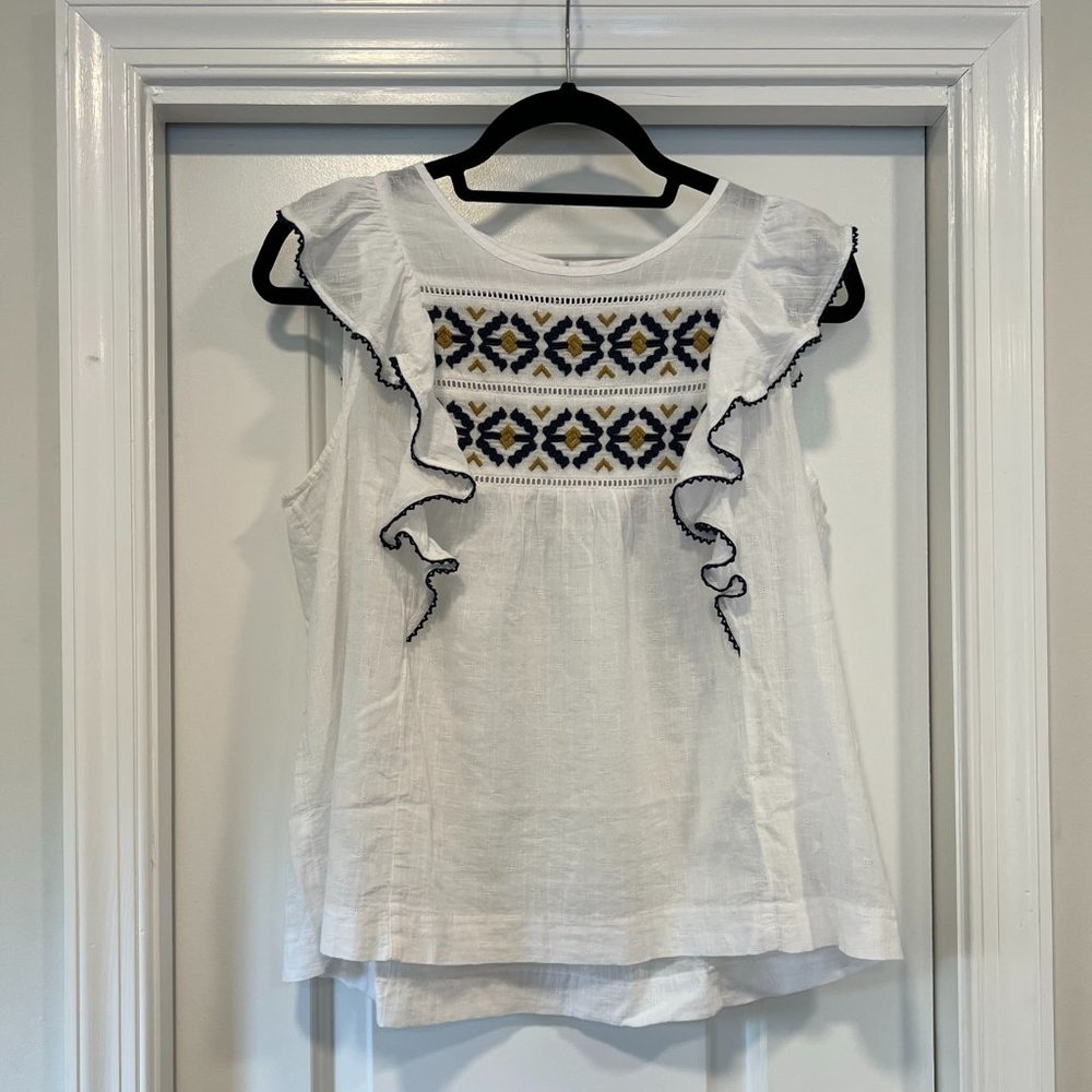 Madewell Embroidered Ruffle-Shoulder Tank Top in White